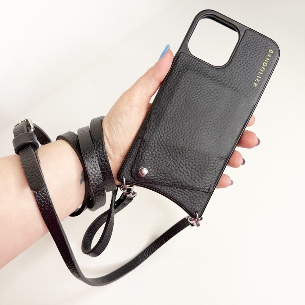 Bandolier Emma Crossbody Pebble Leather Phone Case Adjustable Black 13 Pro Max